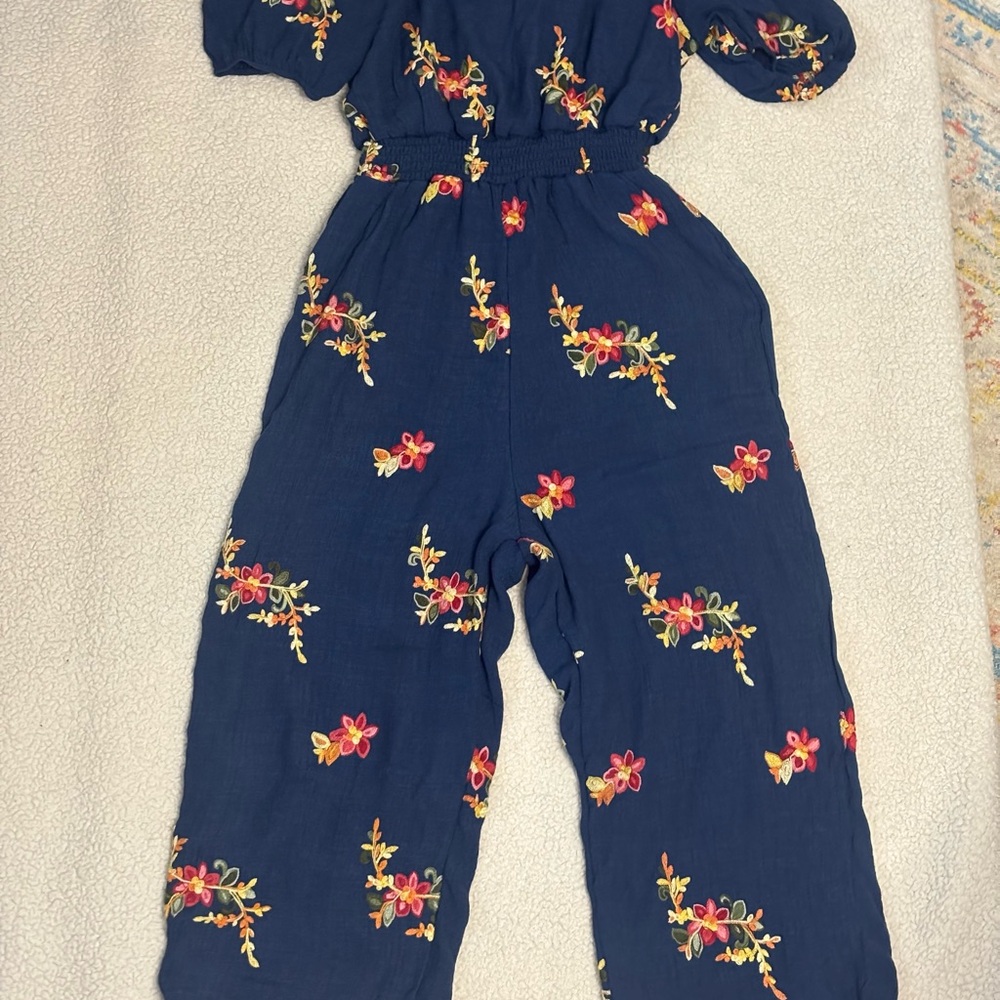 Blue and Red Floral Cropped Jumpsuit